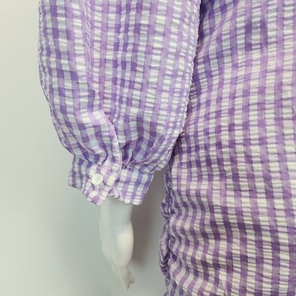 Zara Farmers Daughter Mini Dress Size M Purple Ruched Front Gingham Puff Sleeve - Picture 12 of 16